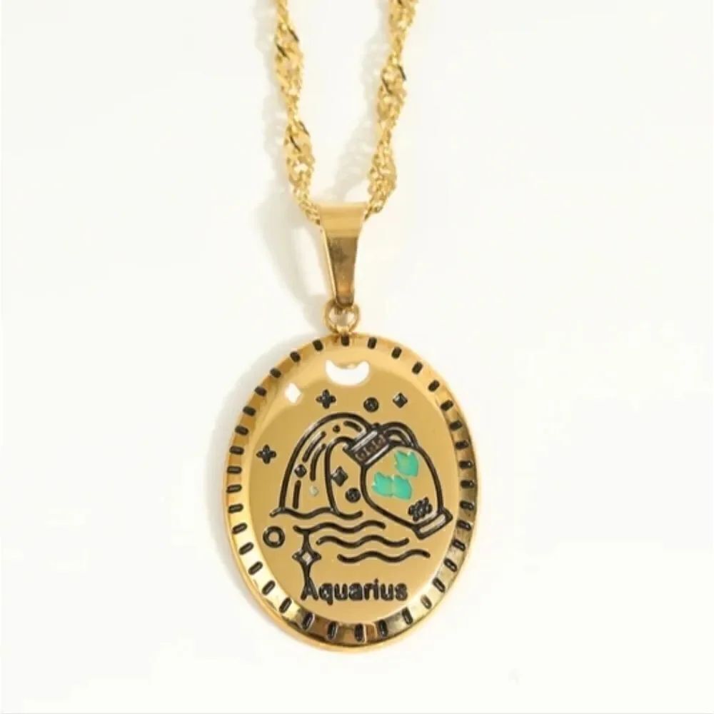 AQUARIUS New 18k Gold Plated AQUARIUS Sign Oval Pendant Necklace Astrology